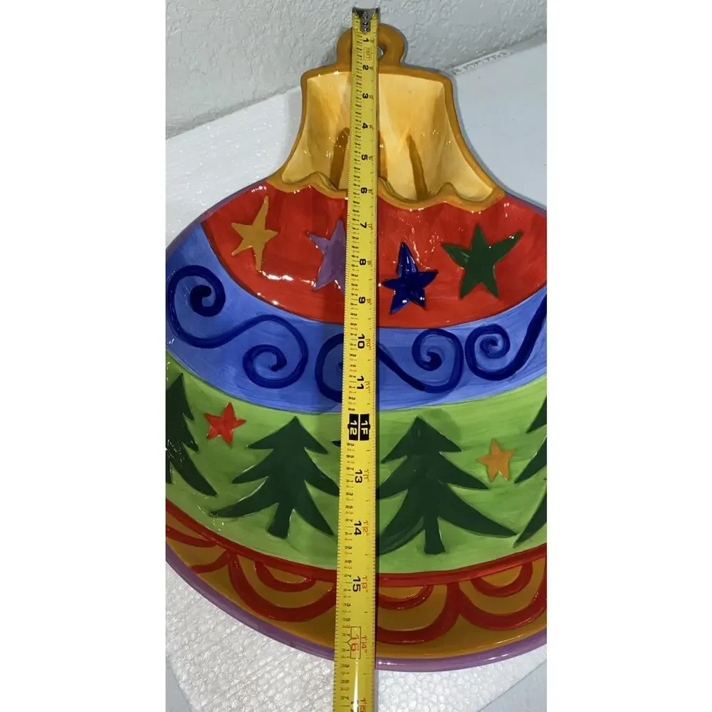 Large Christmas Ornament Holiday Party Tray Chip Dip Hand Painted Ceramic Server